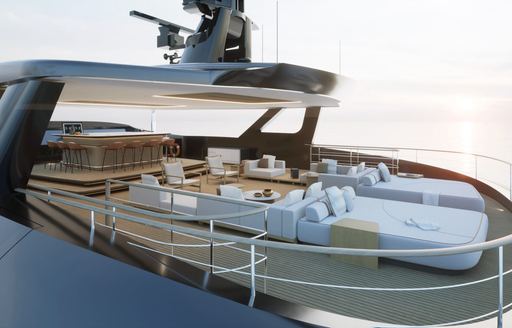 Overview of the exteriors onboard charter yacht SEAWOLF X with sunpads and a wet bar aft