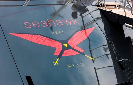 sailing yacht SEAHAWK's transom with seahawk design