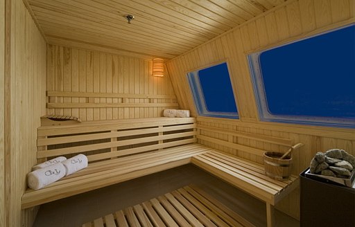 Wood-clad sauna on board charter yacht Lauren L