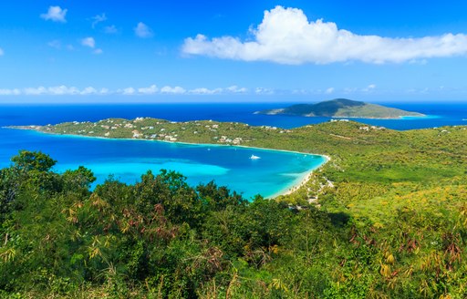 Elevated view looking down on coastlines of US Virgin Islands