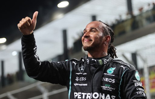 Lewis Hamilton at the Jeddah Corniche Grand Prix, giving thumbs up signal to crowd