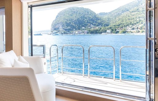 side balcony in the main salon of motor yacht katia