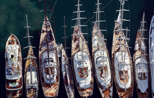 aerial view of superyachts lined up in Bermuda harbour