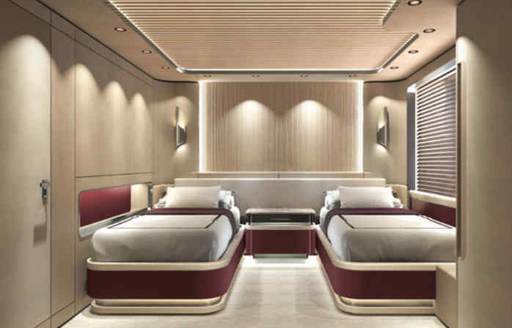 Twin guest cabin rendering onboard superyacht charter O'MADELEINE