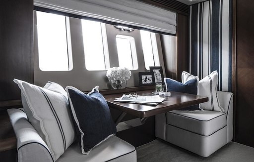 two armchairs and table form seating area in the master suite on board charter yacht CRISTOBAL 