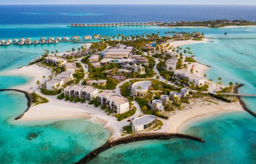 Amazing bird eye view of Maldives island Eh'mafushi Crossroads Maldives at sunrise