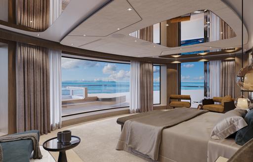 Charter yacht SILVER FOX master cabin rendering with central berth and large windows