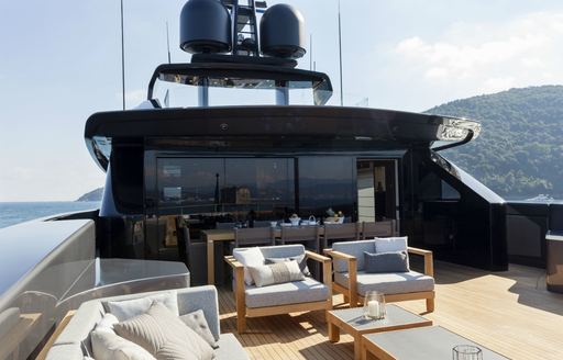 conversation area on the upper deck aft of charter yacht ‘Lucky Me’ 