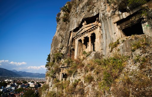 Historical architecture carved into the cliffs in Marmaris