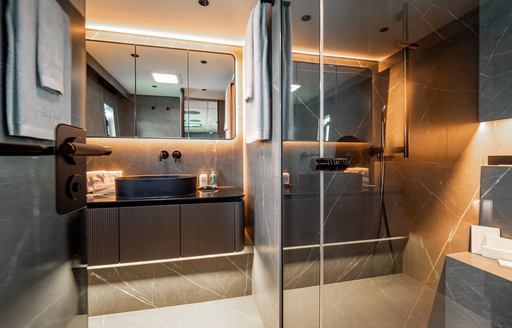 Charter yacht SHADES OF GREY ensuite with shower cubicle and sink unit