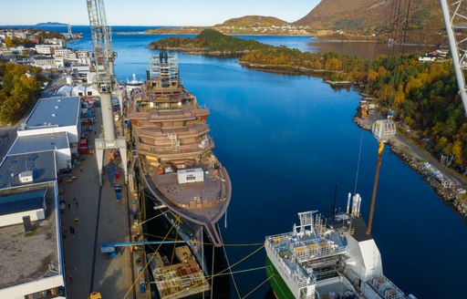 Kjell Inge Rokke superyacht rev ocean aerial image at VARD shipyard in brattvag norway