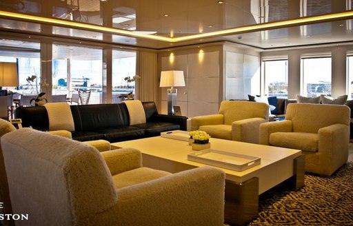 Main salon seating area on board motor yacht Odessa II