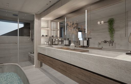 Master cabin ensuite rendering with large sink unit and adjacent mirror onboard charter yacht ANDIAMO