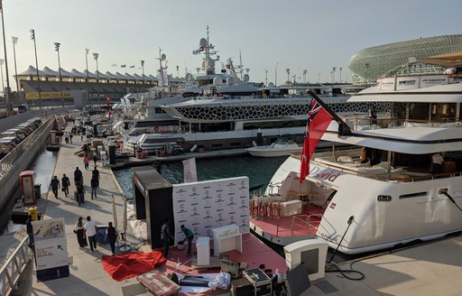 a fleet of superyachts include charter yacht St David berthed at yas marina in preperation for Abu Dhabi Grand Prix 2019