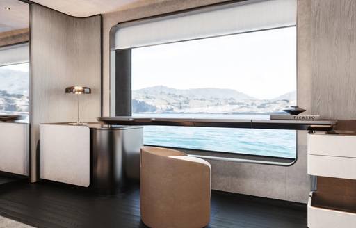 Charter yacht FOUR JOYS desk by large window rendering