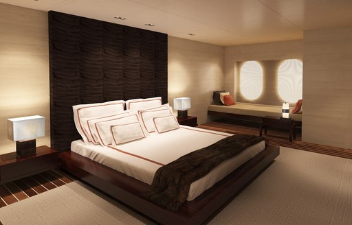 rendering of the light and airy master suite aboard luxury yacht CHASSEUR 