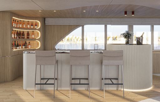 Wet bar and three white stools onboard charter yacht REPOSADO