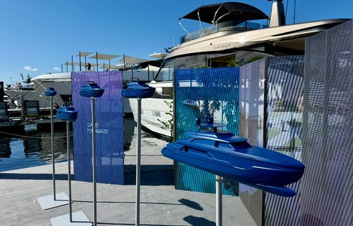 Blue motor yacht decorations at the Fort Lauderdale International Boat Show