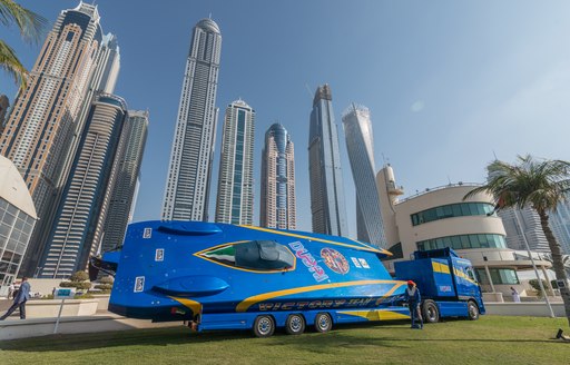 Fast boat being transported by lorry to the Dubai International Boat Show 