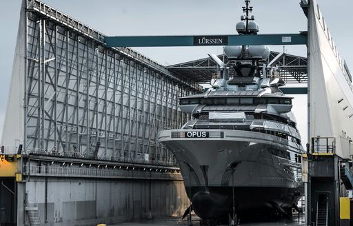 Lurssen megayacht NORD docked at Lurssen Bremen facility, sporting previous name Opus