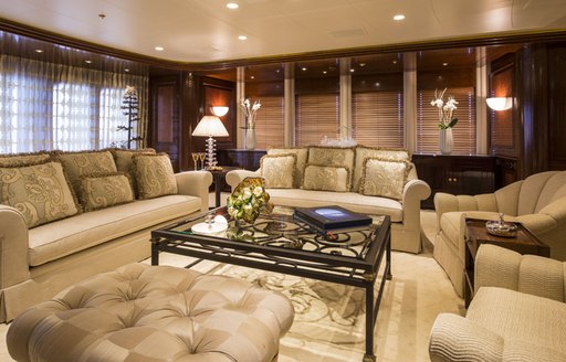 classically styled main salon on board superyacht ‘Blue Moon’