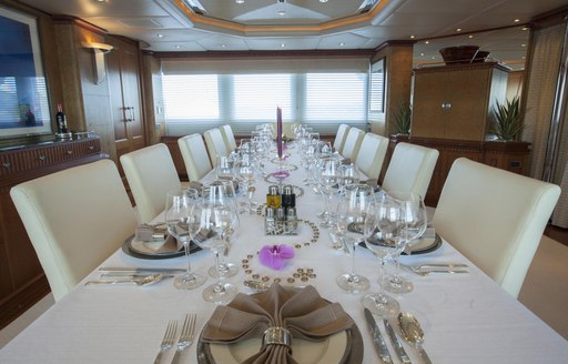 formal dining area in the interior of luxury yacht Lady Ellen II