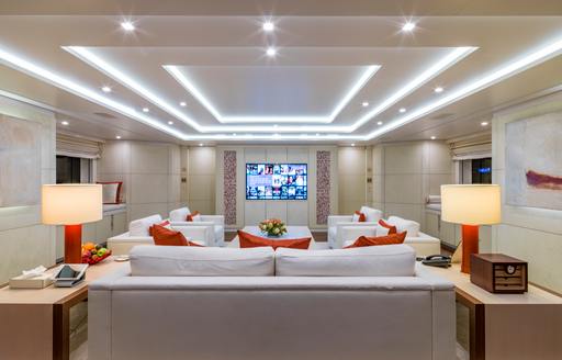 Charter yacht ROMA interior lounge with plush seating