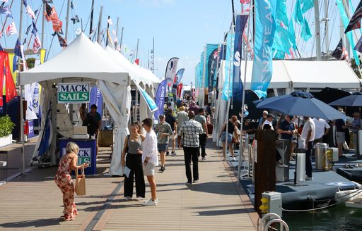 Miami International Boat Show exhibitor tents and visitors