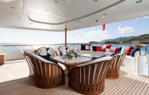 Lounge area on sundeck aft decorated according to the Hilfiger color scheme 