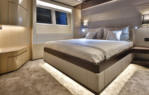 modern and tranquil master suite on board charter yacht ONEWORLD 