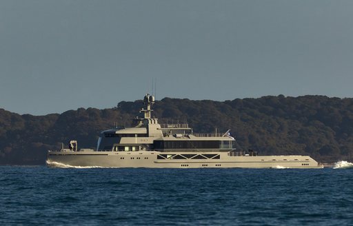Superyacht BOLD seen in the distance as she makes maiden voyage