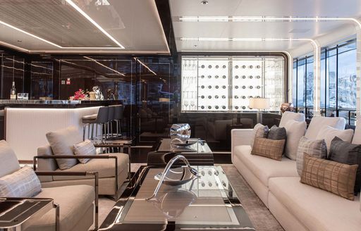 Interior lounge area onboard charter yacht RESILIENCE