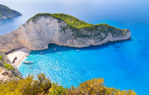 yacht anchor off the coast of Navagio Beach in the Ionian Islands, Greece