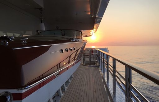 side decks on luxury yacht 'Cocoa Bean' at sunset