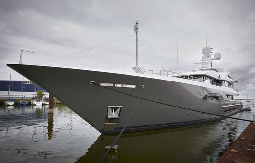 bow view of luxury motor yacht W at the dock in the netherlands