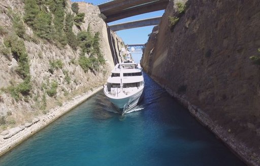An alternative angle of M/Y making her way through the Corinth Canal