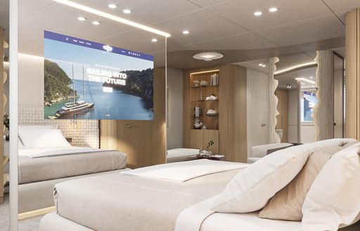 Overview of the master cabin onboard charter yacht REPOSADO, central berth facing flatscreen TV