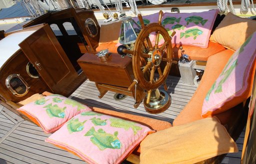 comfortable alfresco lounging area on deck of classic yacht PURITAN