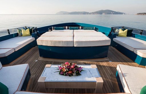Sun pads onboard charter yacht KING BENJI, surrounded by views of the sea 