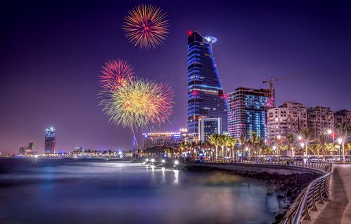 Jeddah Marina in Saudi Arabia with fireworks
