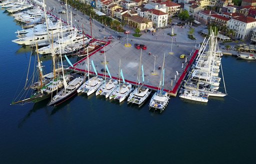 Yachts lined up in Napflio Harbor at the Mediterranean Yacht Show in Greece