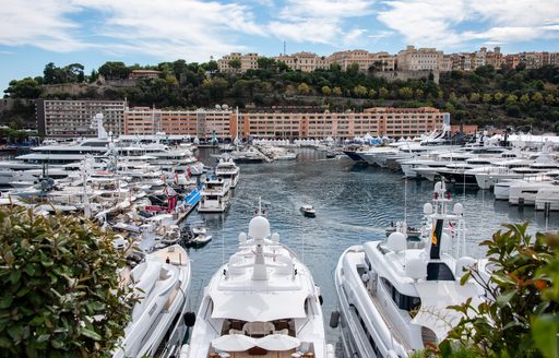 Yachts lined up at the Monaco Yacht Show 2022