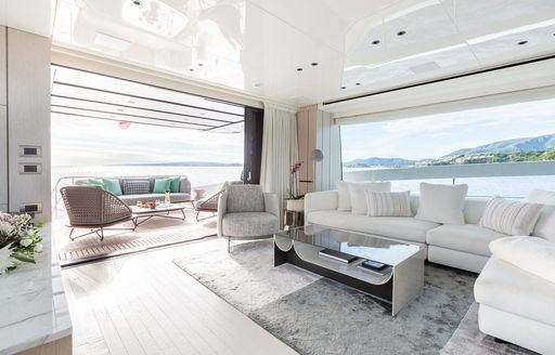 Interior lounge area onboard boat charter CLOUD IX