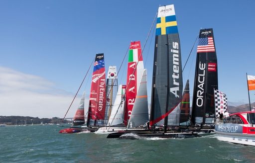 catamarans competing in America's Cup World Series line up in Portsmouth waters