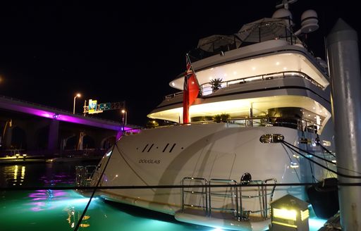 The aft deck of a motor yacht attending the superyacht show in Miami