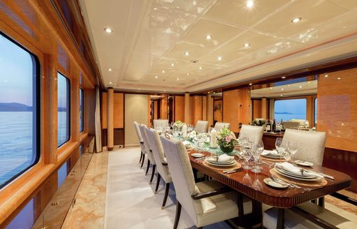 Formal dining area onboard MY Lucky Lady