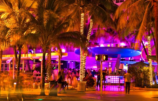 Miami street lit up at night with bars and palm trees
