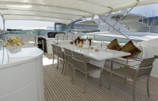 bar and alfresco dining on upper deck of luxury yacht ‘Sea Jaguar’ 