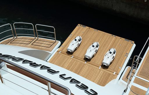 A sample of the towable toys on offer to charter guests away on vacation with motor yacht Ocean Paradise