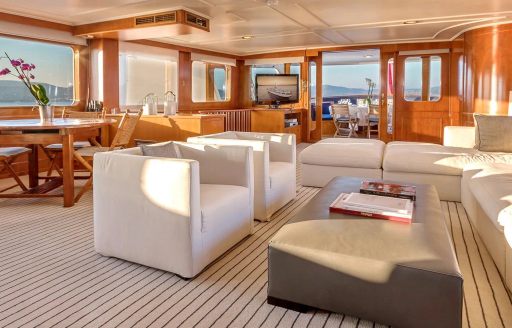 Interiors onboard charter yacht SECRET LIFE, lounge area in the foreground